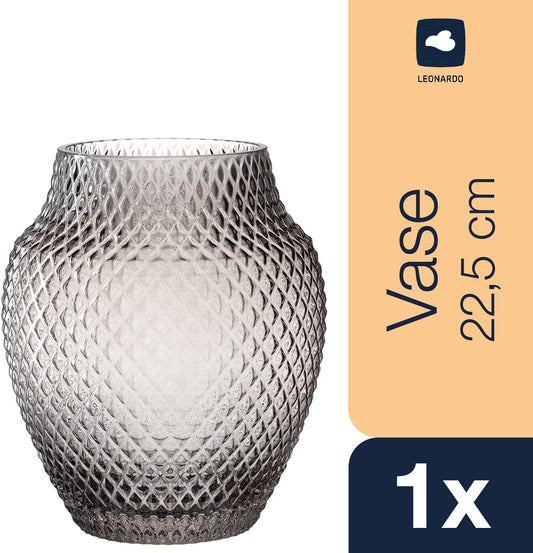 Leonardo Poesia 018673 Table Vase, Handmade Decorative Vase in Grey, Bulbous Flower Vase, Glass Candle Holder, Large Lantern, 22.5 cm High